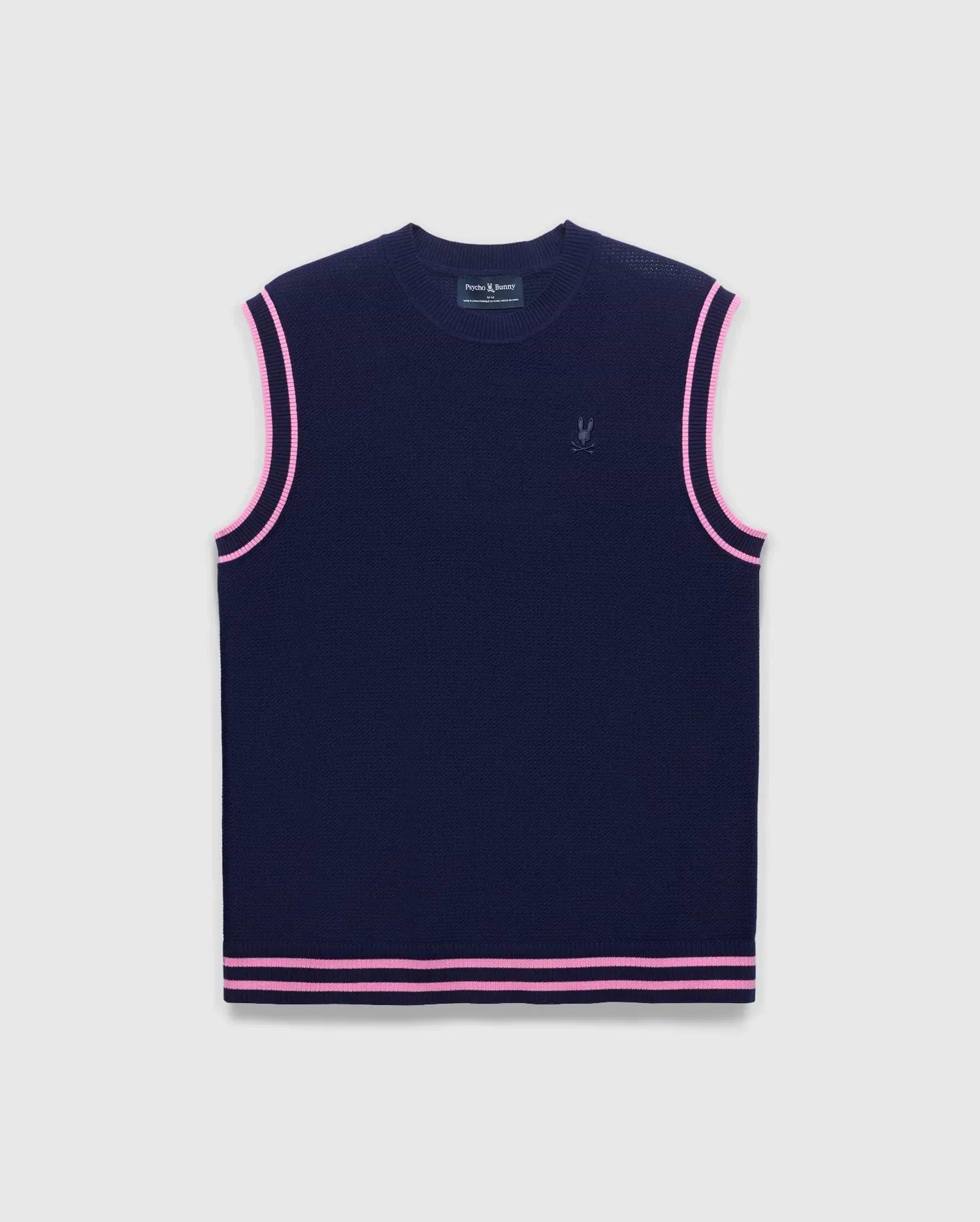 Mens Peter Knit Vest in navy, featuring a classic fit, fine knit texture, and double pink stripe trim on armholes and hem, with a small embroidered Psycho Bunny skull logo on the left chest.