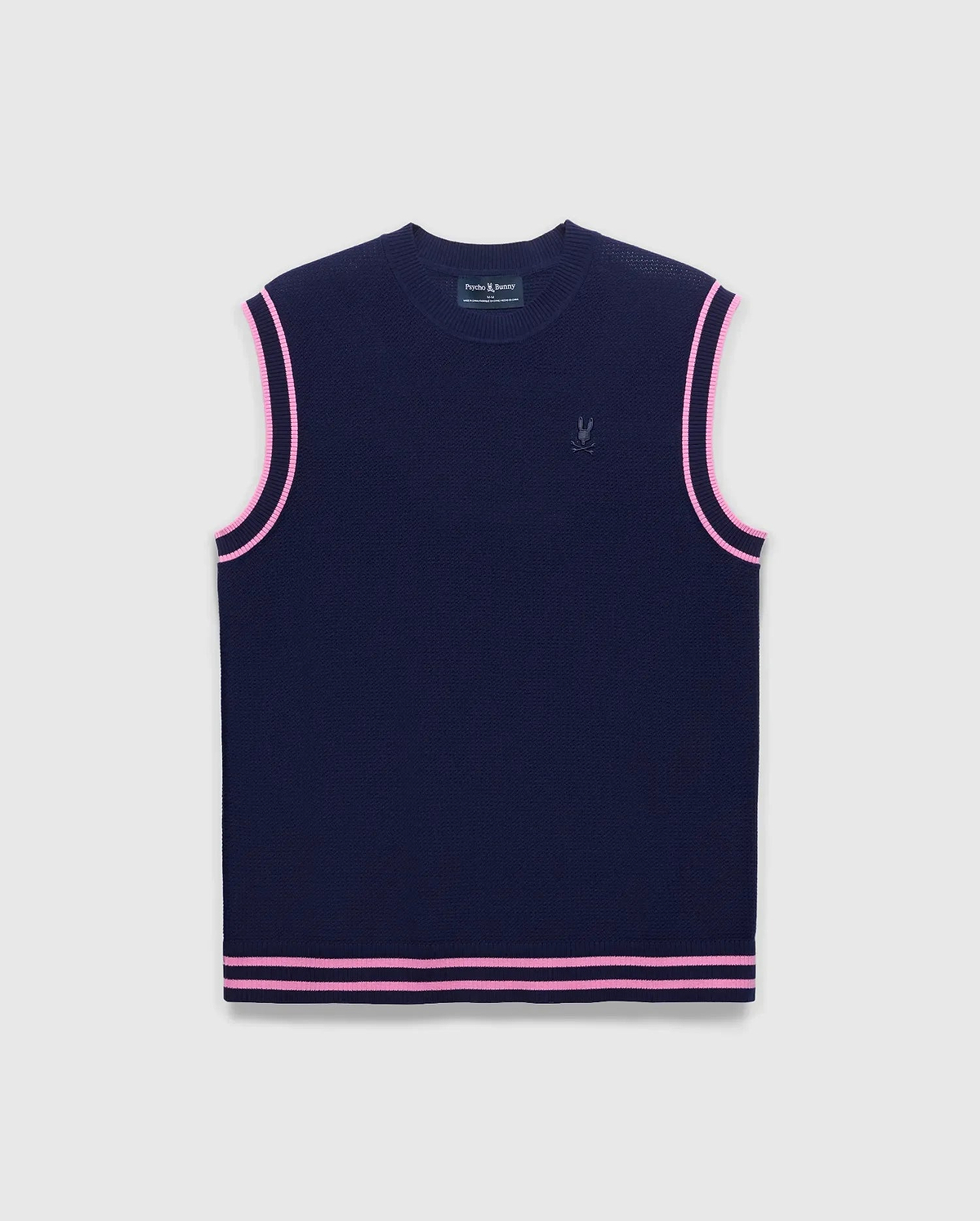 Mens Peter Knit Vest in navy, featuring a classic fit, fine knit texture, and double pink stripe trim on armholes and hem, with a small embroidered Psycho Bunny skull logo on the left chest.
