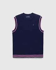 Mens Peter Knit Vest in navy, featuring a classic fit, fine knit texture, and double pink stripe trim on armholes and hem, with a small embroidered Psycho Bunny skull logo on the left chest.