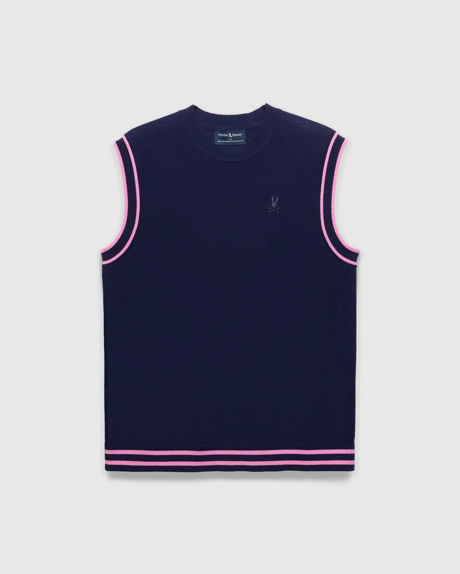 Mens Peter Knit Vest in navy, featuring a classic fit, fine knit texture, and double pink stripe trim on armholes and hem, with a small embroidered Psycho Bunny skull logo on the left chest.