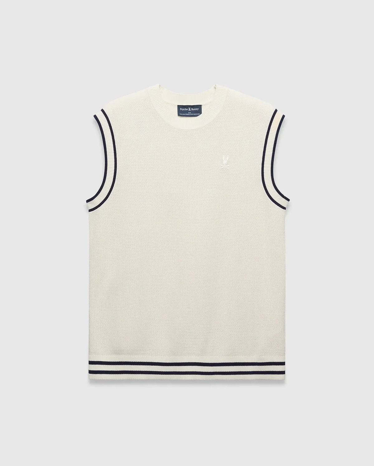 Mens Peter Knit Vest in cream textured knit, featuring a classic fit, navy striped armholes and double-striped hem, with a small embroidered white Psycho Bunny skull logo on the left chest.