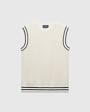 Mens Peter Knit Vest in cream textured knit, featuring a classic fit, navy striped armholes and double-striped hem, with a small embroidered white Psycho Bunny skull logo on the left chest.