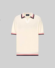 The Psycho Bunny MENS CARTER JOHNNY COLLAR KNIT POLO (MT0400093) is a cream, 100% cotton short-sleeve polo with a deep V-neck Johnny collar and red/navy colorblocked stripes on the collar, sleeves, and hem, shown on a light gray background. (5)