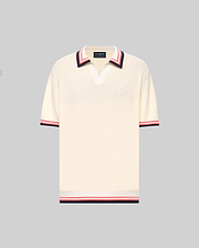 The Psycho Bunny MENS CARTER JOHNNY COLLAR KNIT POLO (MT0400093) is a cream, 100% cotton short-sleeve polo with a deep V-neck Johnny collar and red/navy colorblocked stripes on the collar, sleeves, and hem, shown on a light gray background. (5)