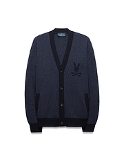 Mens Atkinson Cardigan, a navy blue waffle knit with dark navy ribbed V-neck, cuffs, and hem. Features a button-front, two patch pockets, and a prominent embroidered Psycho Bunny skull logo on the left chest. (5)