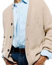 Mens Atkinson Cardigan in a relaxed fit, featuring a light beige waffle knit texture, dark brown buttons, and a subtle, tone-on-tone embroidered Psycho Bunny skull logo on the left chest. (3)