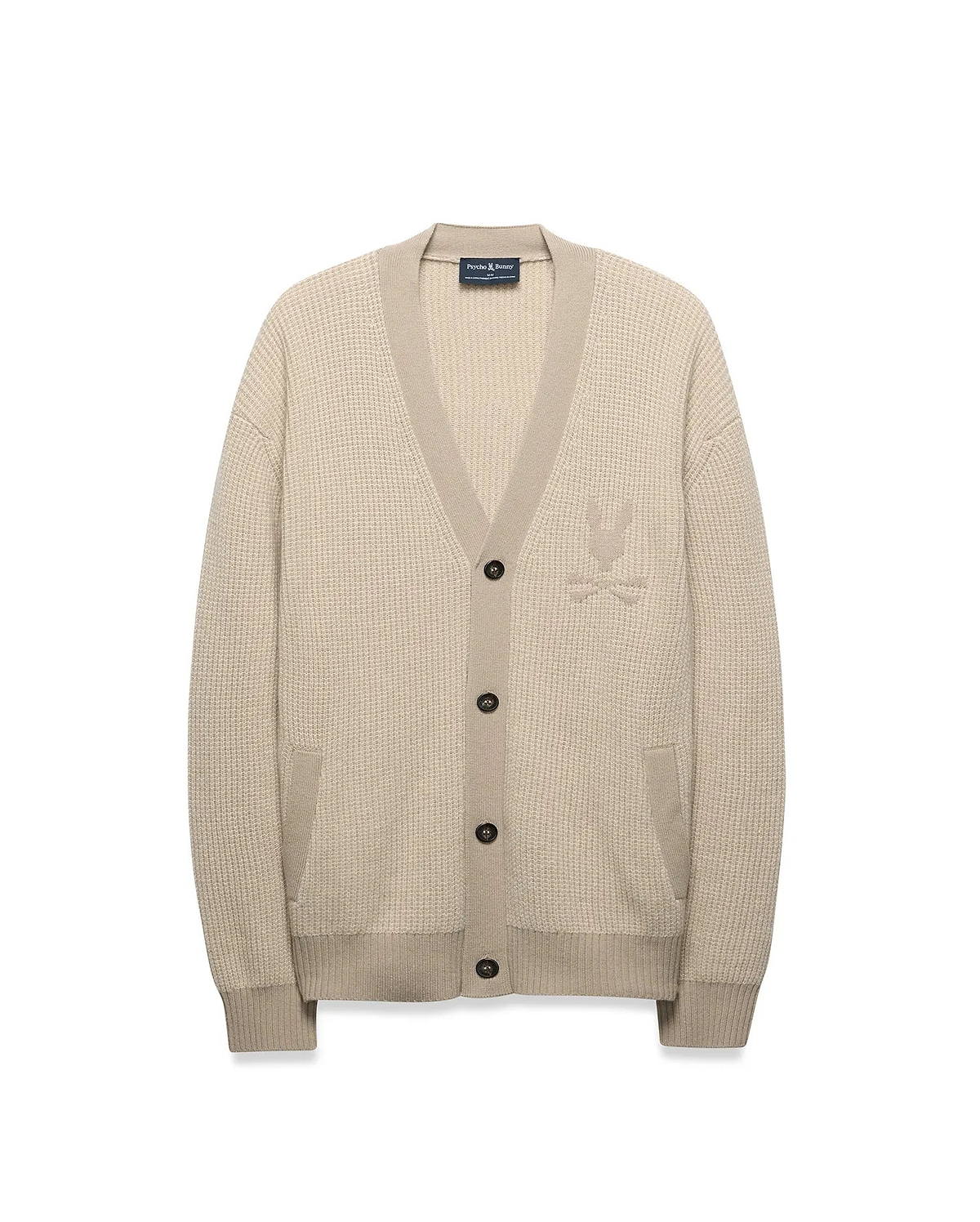 Mens Atkinson Cardigan in beige waffle knit, relaxed fit, with V-neck, dark buttons, front patch pockets, and a tone-on-tone embroidered Psycho Bunny skull logo on the left chest. (6)