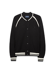 Mens Rafferty Cardigan: Black knit varsity cardigan with white stripe accents on ribbed collar, raglan sleeves, cuffs, and hem, featuring snap buttons and a small embroidered Psycho Bunny skull logo on the left chest. (5)
