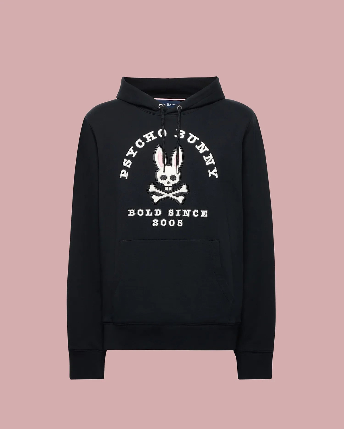 The Psycho Bunny MENS ARCHIVE HOODIE - MT0500009 is a black French terry hoodie with a large white bunny skull and crossbones graphic, “PSYCHO BUNNY” above and “BOLD SINCE 2005” below, plus front pocket and drawstring hood.