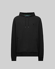 The Psycho Bunny MENS KAI HOODIE (MT0500019) in black features drawstrings, a front pocket, and a subtle embroidered Bunny logo on the left chest, shown against a plain gray background.