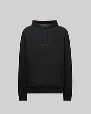 The Psycho Bunny MENS KAI HOODIE (MT0500019) in black features drawstrings, a front pocket, and a subtle embroidered Bunny logo on the left chest, shown against a plain gray background.