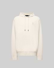The MENS KAI TWILL TEXTURE HOODIE - MT0500019 by Psycho Bunny features a cream color, drawstrings, a small embroidered Bunny logo on the left chest, and ribbed cuffs and hem, shown against a light gray background.