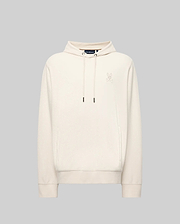 The MENS KAI TWILL TEXTURE HOODIE - MT0500019 by Psycho Bunny features a cream color, drawstrings, a small embroidered Bunny logo on the left chest, and ribbed cuffs and hem, shown against a light gray background.