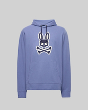 The Psycho Bunny MENS RYDER EMBROIDERED BUNNY PATCH HOODIE - MT0500029 is a light purple hoodie with a front pocket, featuring a large black and white Bunny patch above crossed bones—ideal for cozy loungewear.