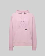 The Psycho Bunny MENS GRANT HOODIE - MT0500032 is a light pink premium cotton-blend hoodie with long sleeves, a front pocket, and a raised zig-zag embroidered bunny head above crossed bones on the chest. Plain gray background.