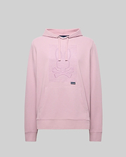 The Psycho Bunny MENS GRANT HOODIE - MT0500032 is a light pink premium cotton-blend hoodie with long sleeves, a front pocket, and a raised zig-zag embroidered bunny head above crossed bones on the chest. Plain gray background.