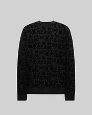 The Psycho Bunny MENS REED FLOCK CREW (MT0500041) is a premium cotton blend pullover with an all-over black cartoon bunny and letter print on gray, featuring a crewneck design and shown from the back.