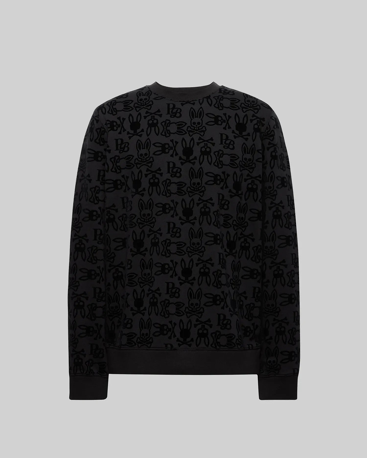 The Psycho Bunny MENS REED FLOCK CREW (MT0500041) is a premium cotton blend pullover with an all-over black cartoon bunny and letter print on gray, featuring a crewneck design and shown from the back.