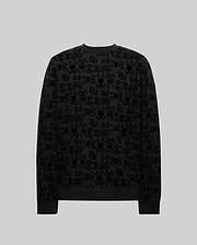 The Psycho Bunny MENS REED FLOCK CREW (MT0500041) is a premium cotton blend pullover with an all-over black cartoon bunny and letter print on gray, featuring a crewneck design and shown from the back.