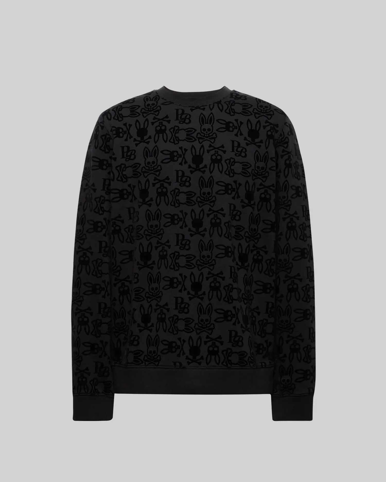 The Psycho Bunny MENS REED FLOCK CREW (MT0500041) is a premium cotton blend pullover with an all-over black cartoon bunny and letter print on gray, featuring a crewneck design and shown from the back.