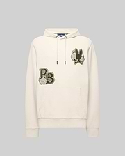 The Psycho Bunny MENS AUGUSTE HOODIE (MT0500043) is a cream regular-fit cotton hoodie with a front pocket, olive green chest patches, stylized lettering, and a chenille floral-detailed bunny graphic.