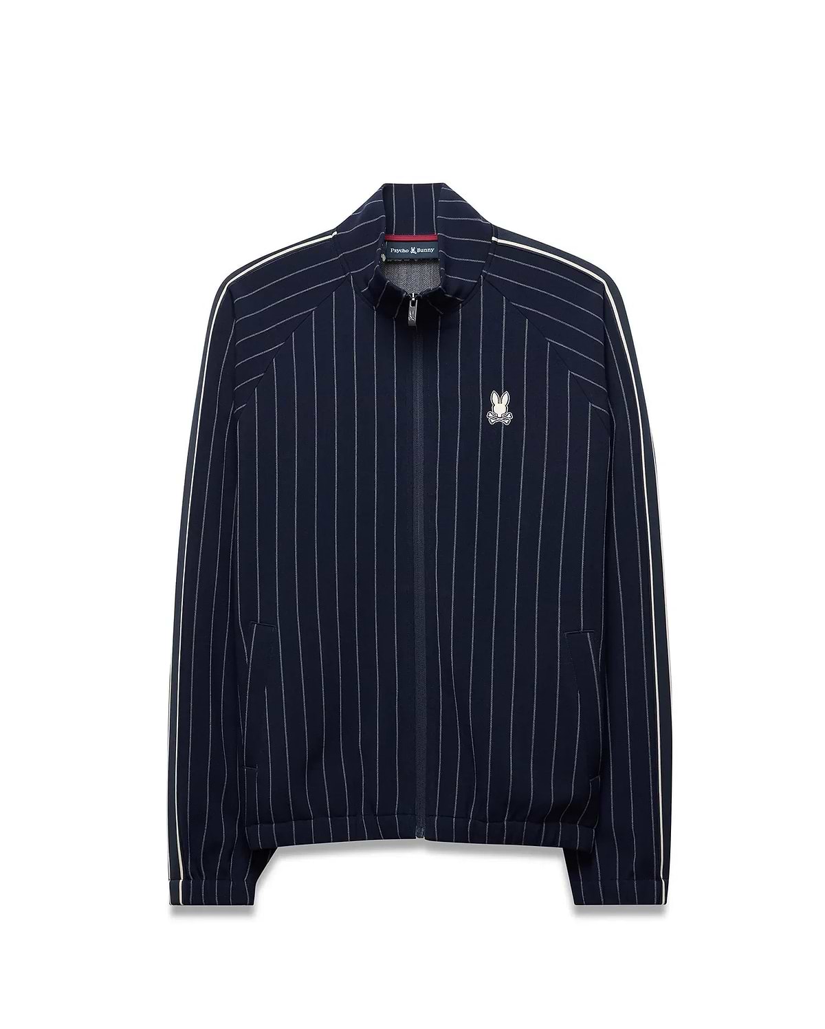 Mens Harland Double Weave Chalk Stripe Track Jacket, a navy full-zip track jacket with white pinstripes, white double stripe accents on sleeves, and an embroidered Psycho Bunny logo on the left chest. (6)