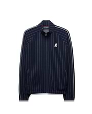 Mens Harland Double Weave Chalk Stripe Track Jacket, a navy full-zip track jacket with white pinstripes, white double stripe accents on sleeves, and an embroidered Psycho Bunny logo on the left chest. (6)