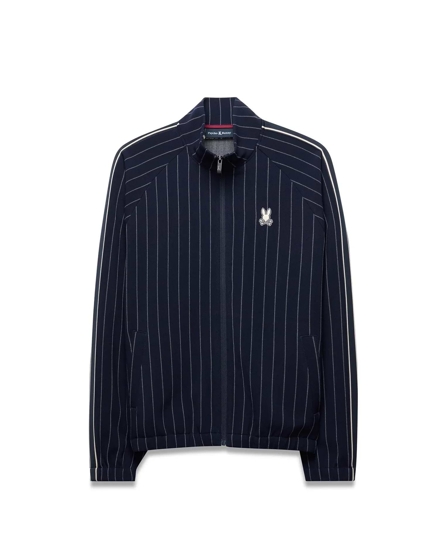 Mens Harland Double Weave Chalk Stripe Track Jacket, a navy full-zip track jacket with white pinstripes, white double stripe accents on sleeves, and an embroidered Psycho Bunny logo on the left chest. (6)