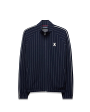 Mens Harland Double Weave Chalk Stripe Track Jacket, a navy full-zip track jacket with white pinstripes, white double stripe accents on sleeves, and an embroidered Psycho Bunny logo on the left chest. (6)