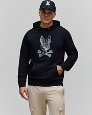 Mens Olivier Embroidered Hoodie, a black classic fit french terry hoodie featuring a large central embroidered Psycho Bunny skull logo with a grey and white camouflage pattern and a front kangaroo pocket.
