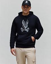 Mens Olivier Embroidered Hoodie, a black classic fit french terry hoodie featuring a large central embroidered Psycho Bunny skull logo with a grey and white camouflage pattern and a front kangaroo pocket.