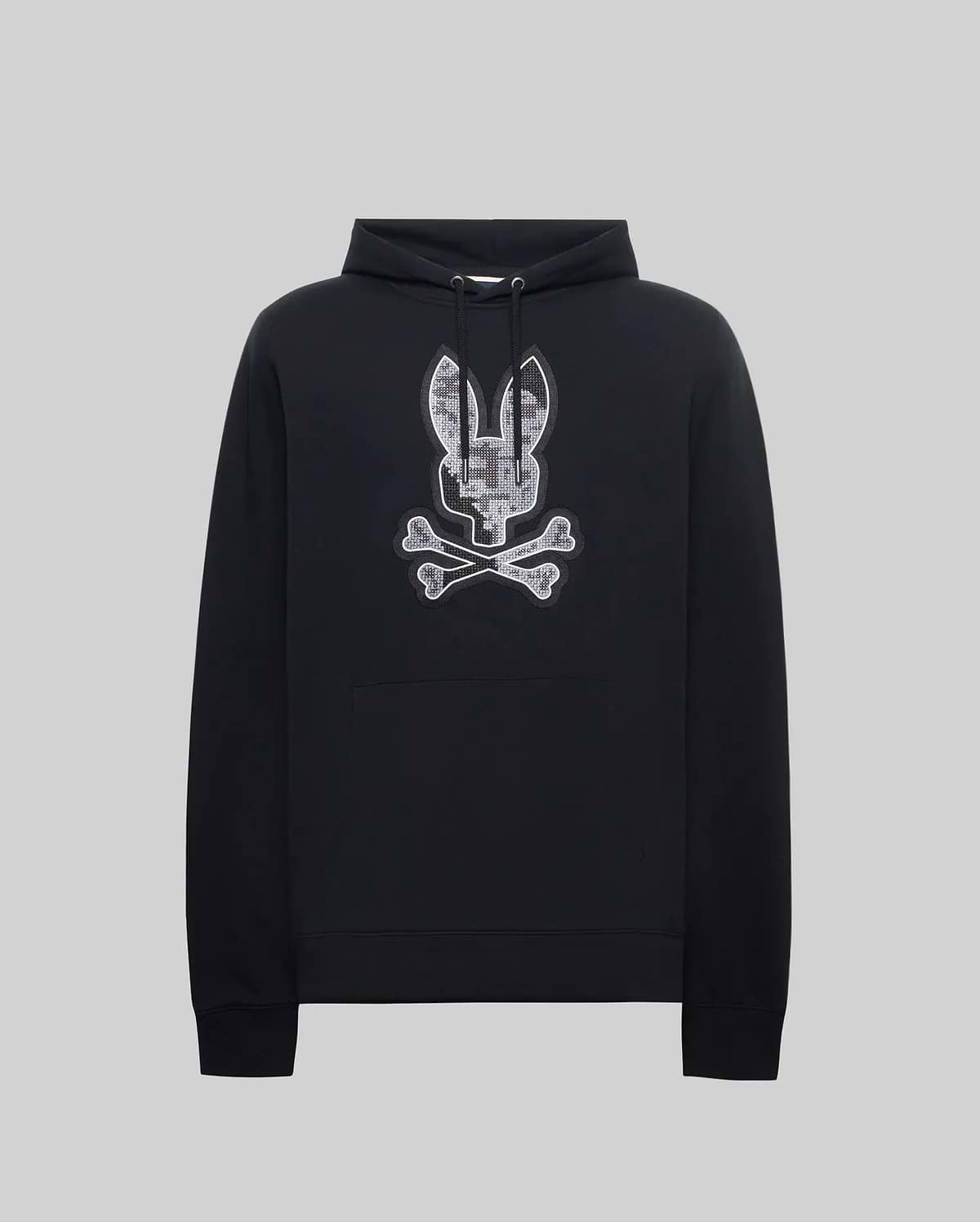 Mens Olivier Embroidered Hoodie, black soft hoodie with drawstring, kangaroo pocket, and a large central embroidered Psycho Bunny skull and crossbones logo with grey/white digital camo fill.