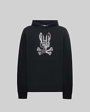 Mens Olivier Embroidered Hoodie, black soft hoodie with drawstring, kangaroo pocket, and a large central embroidered Psycho Bunny skull and crossbones logo with grey/white digital camo fill.