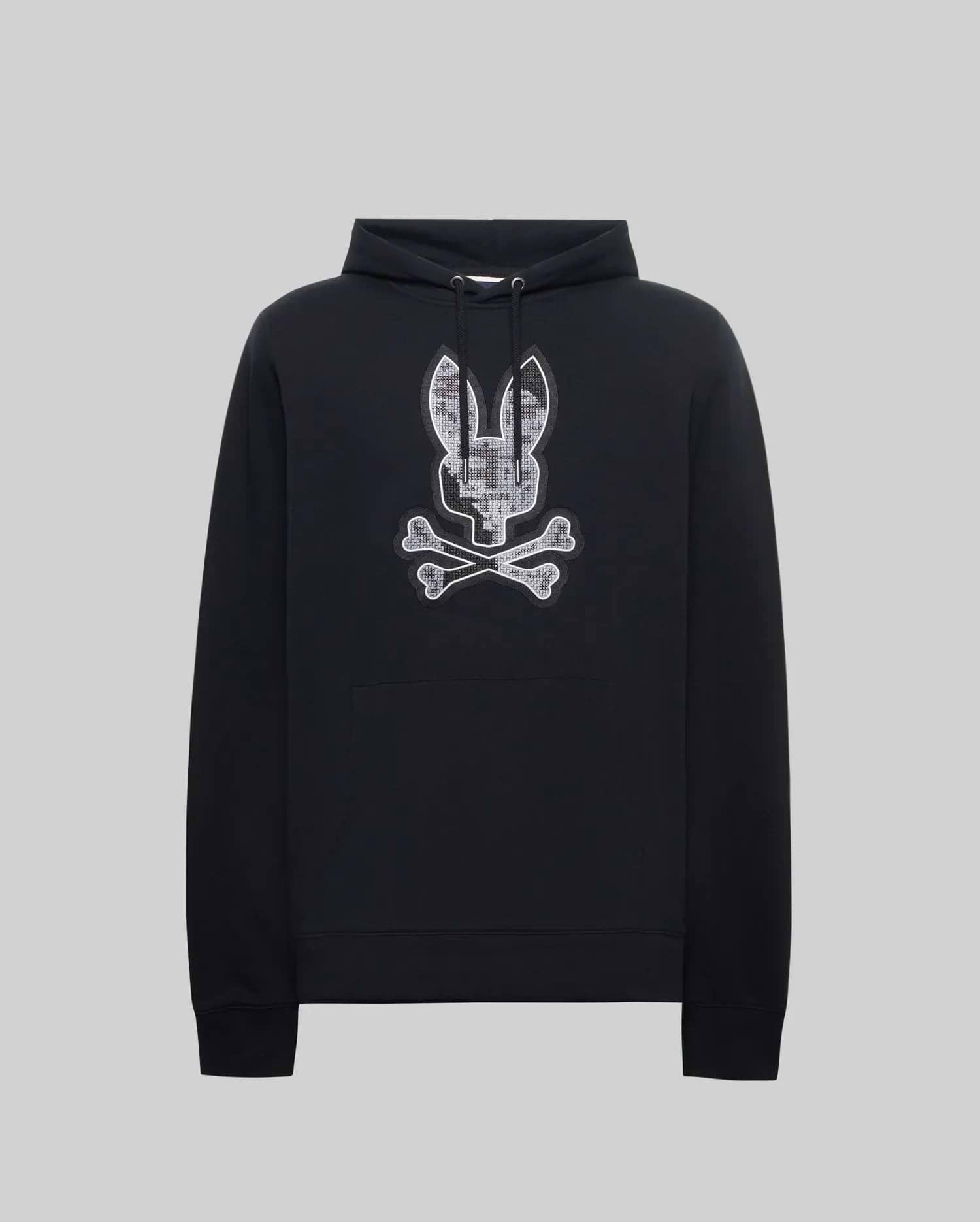 Mens Olivier Embroidered Hoodie, black soft hoodie with drawstring, kangaroo pocket, and a large central embroidered Psycho Bunny skull and crossbones logo with grey/white digital camo fill.