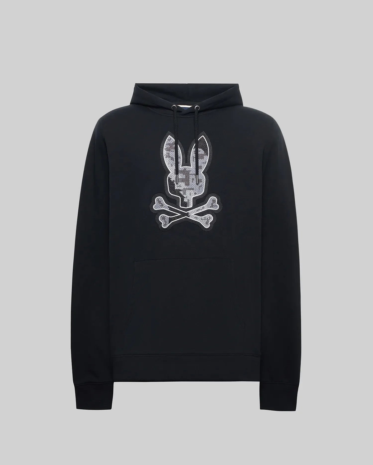 Mens Olivier Embroidered Hoodie, black soft hoodie with drawstring, kangaroo pocket, and a large central embroidered Psycho Bunny skull and crossbones logo with grey/white digital camo fill.