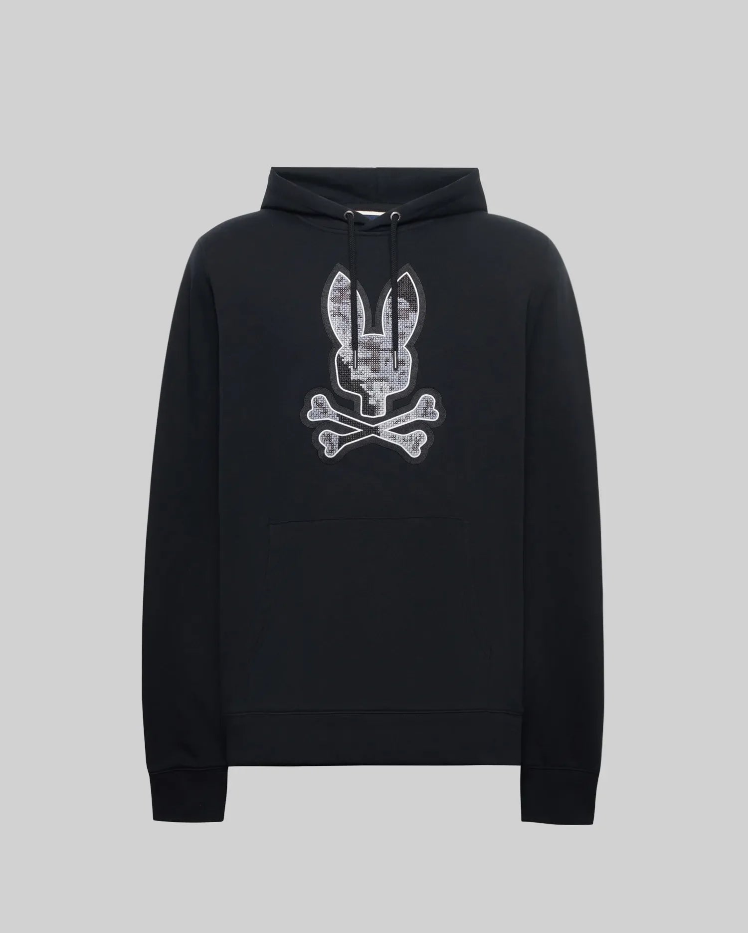 Mens Olivier Embroidered Hoodie, black soft hoodie with drawstring, kangaroo pocket, and a large central embroidered Psycho Bunny skull and crossbones logo with grey/white digital camo fill.