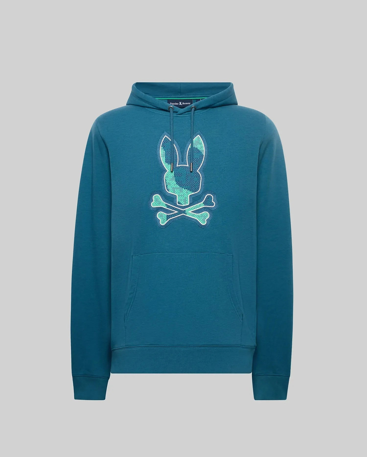 Mens Olivier Embroidered Hoodie, a teal classic fit hoodie with a large central embroidered Psycho Bunny skull logo in blue and green plaid, featuring a drawstring hood with small logo and kangaroo pocket. (5)