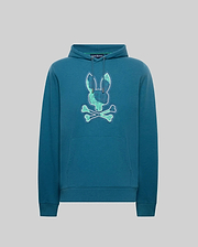 Mens Olivier Embroidered Hoodie, a teal classic fit hoodie with a large central embroidered Psycho Bunny skull logo in blue and green plaid, featuring a drawstring hood with small logo and kangaroo pocket. (5)