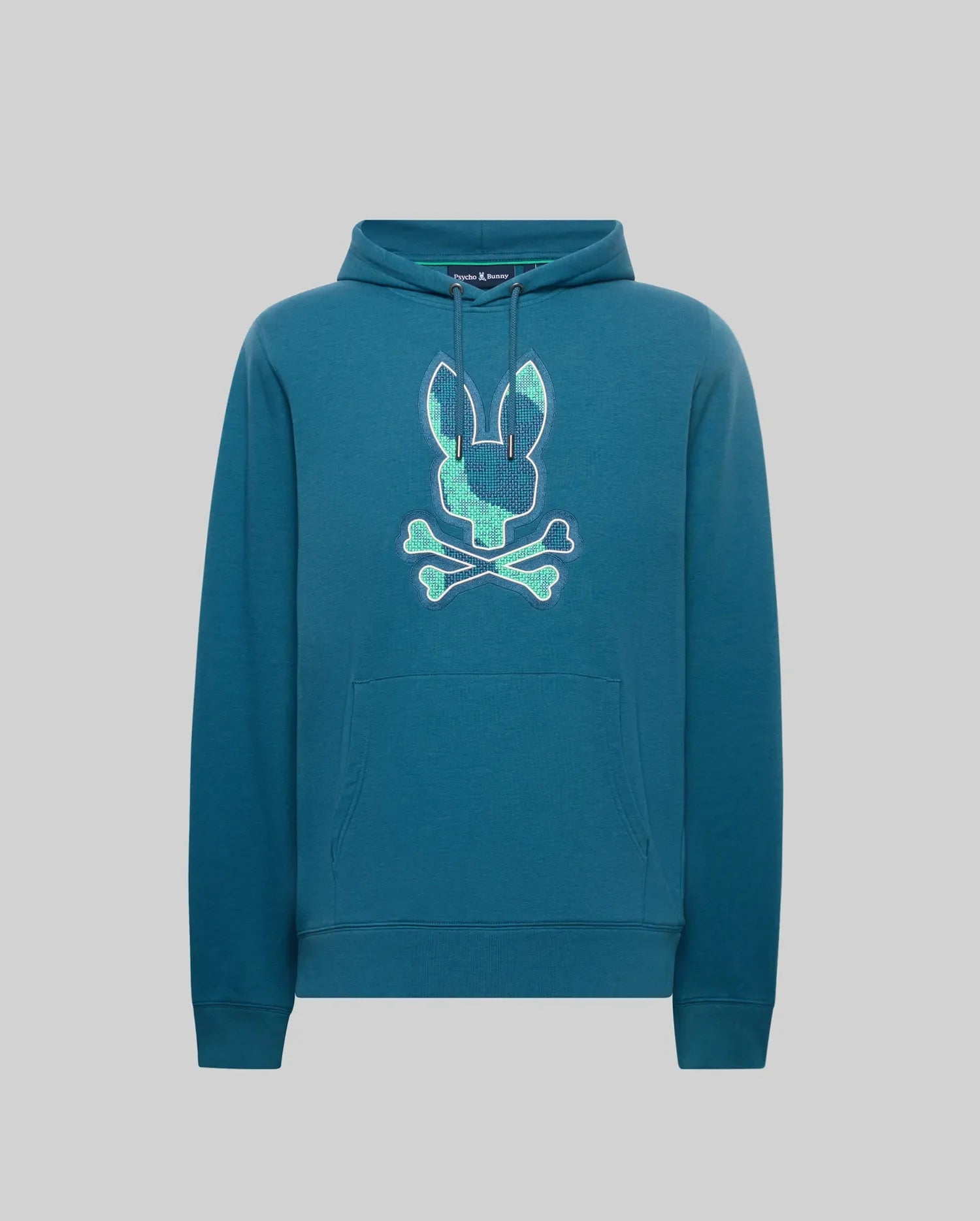 Mens Olivier Embroidered Hoodie, a teal classic fit hoodie with a large central embroidered Psycho Bunny skull logo in blue and green plaid, featuring a drawstring hood with small logo and kangaroo pocket. (5)