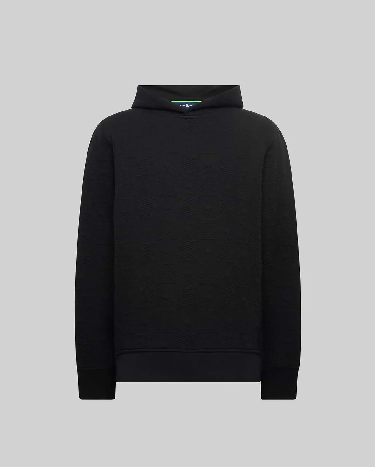 Black Mens Dustin Hoodie with a classic fit, featuring an all-over embossed Psycho Bunny skull logo pattern on textured fabric, and a subtle green inner collar detail. (5)