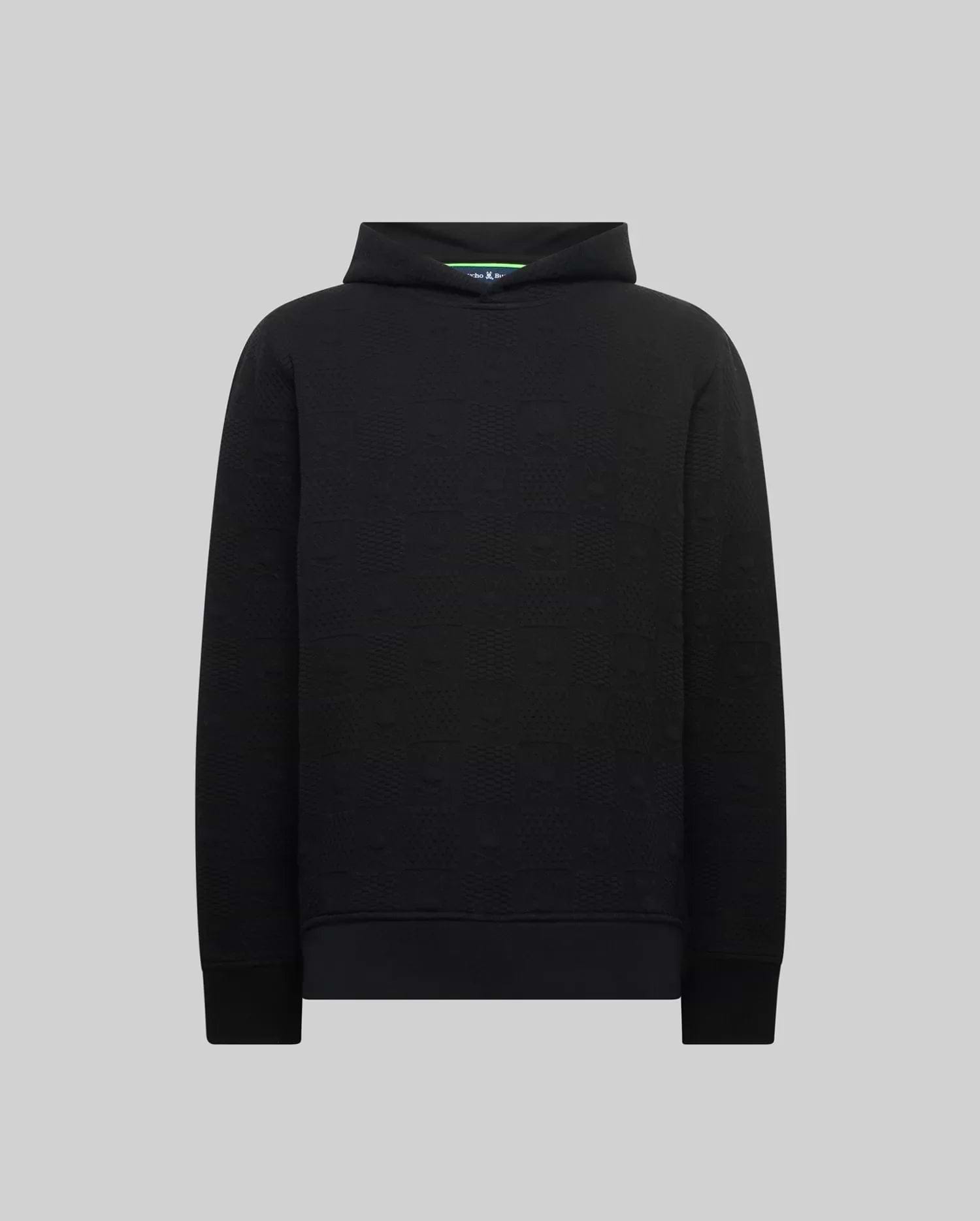 Black Mens Dustin Hoodie with a classic fit, featuring an all-over embossed Psycho Bunny skull logo pattern on textured fabric, and a subtle green inner collar detail. (5)