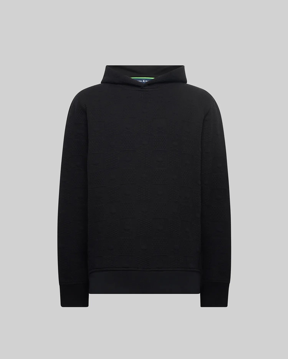Black Mens Dustin Hoodie with a classic fit, featuring an all-over embossed Psycho Bunny skull logo pattern on textured fabric, and a subtle green inner collar detail. (5)