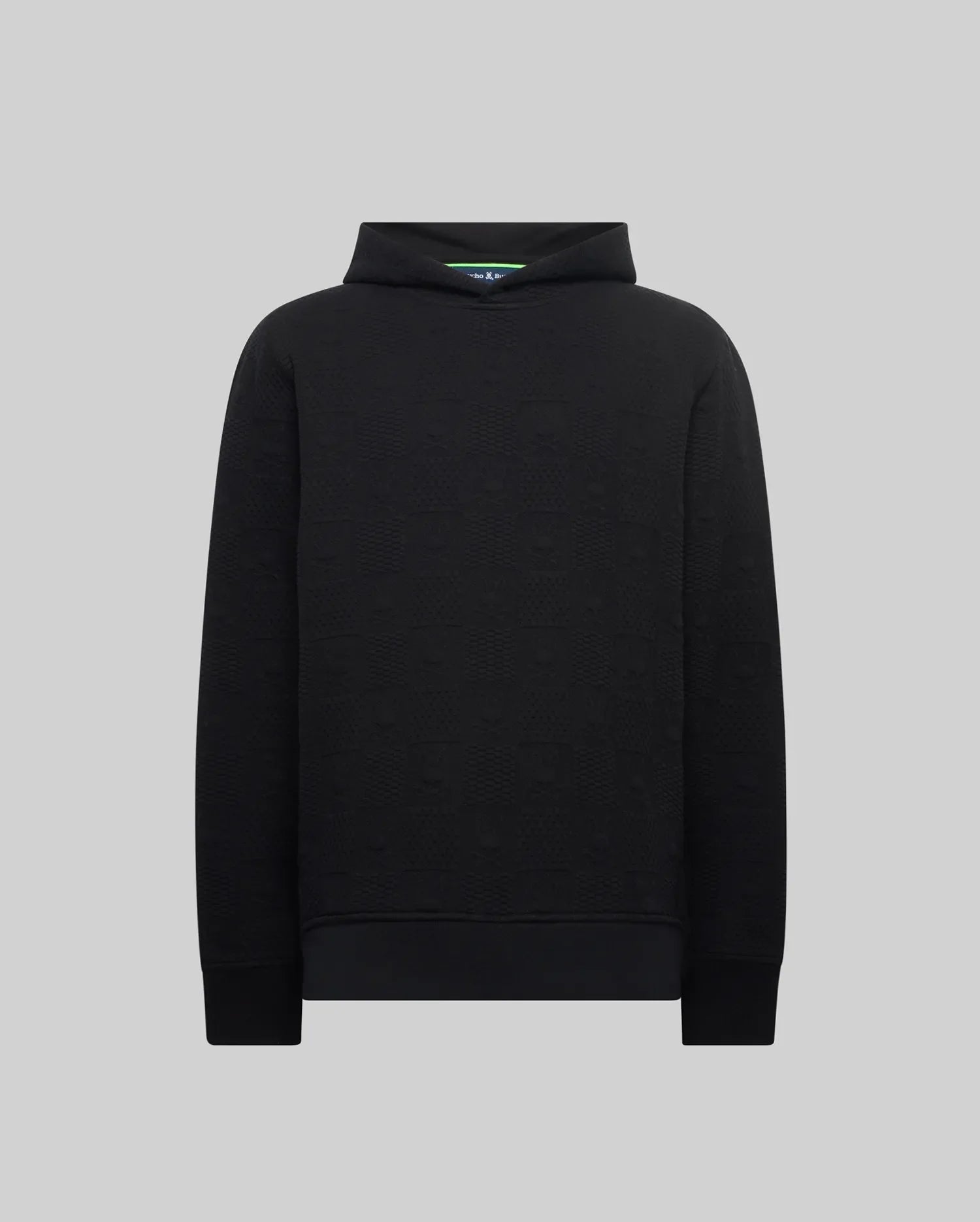 Black Mens Dustin Hoodie with a classic fit, featuring an all-over embossed Psycho Bunny skull logo pattern on textured fabric, and a subtle green inner collar detail. (5)
