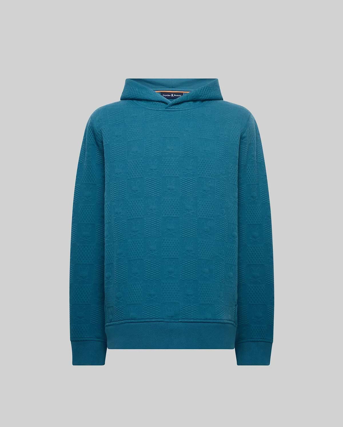 Mens Dustin Hoodie, a teal classic fit hoodie featuring an all-over embossed Psycho Bunny skull and textured geometric square pattern on a soft knit fabric.
