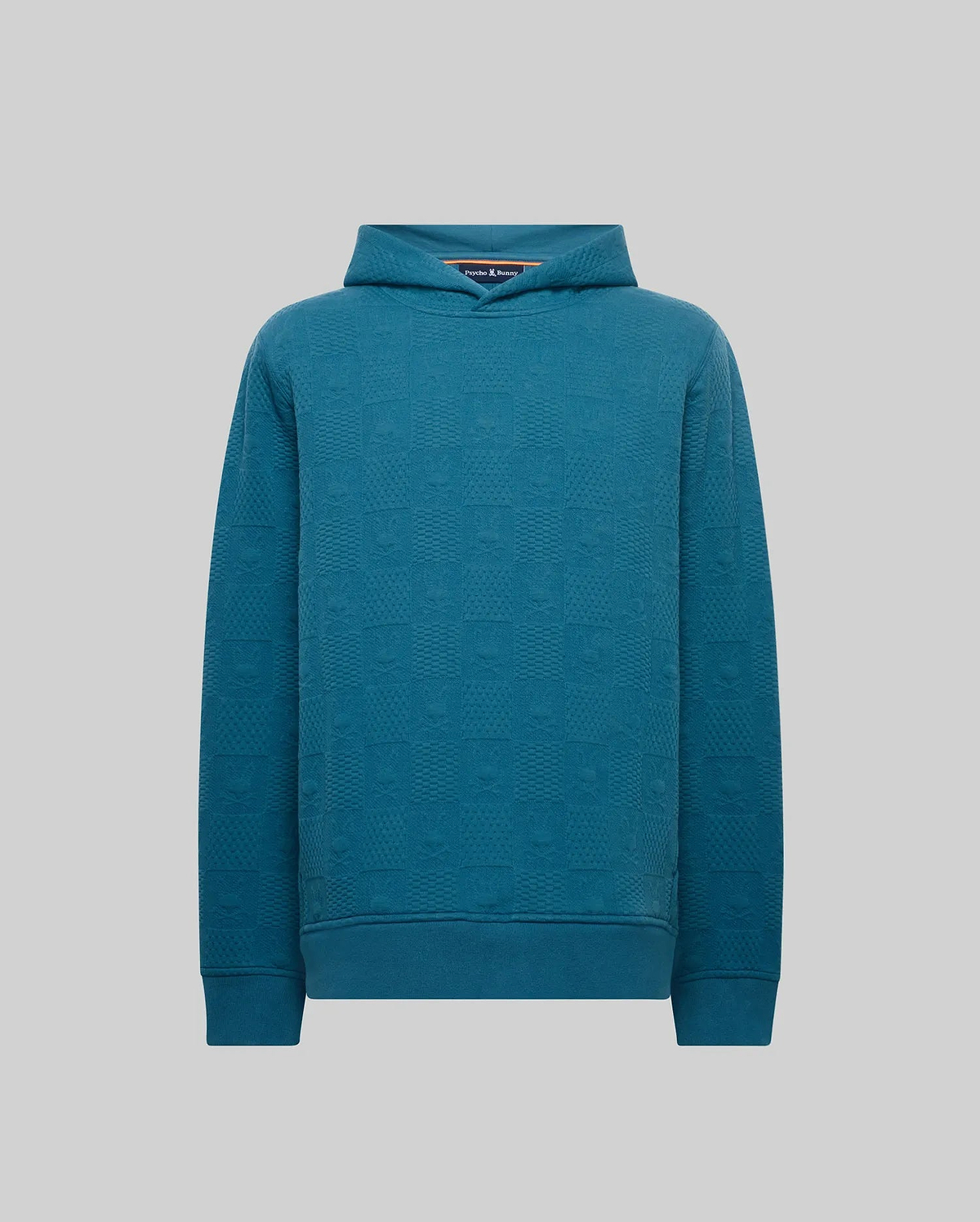 Mens Dustin Hoodie, a teal classic fit hoodie featuring an all-over embossed Psycho Bunny skull and textured geometric square pattern on a soft knit fabric.