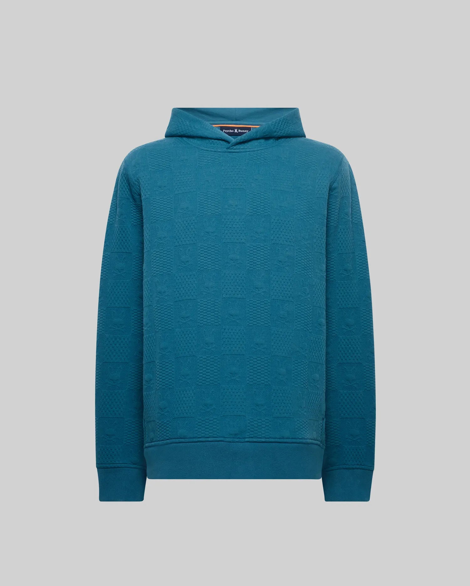 Mens Dustin Hoodie, a teal classic fit hoodie featuring an all-over embossed Psycho Bunny skull and textured geometric square pattern on a soft knit fabric.