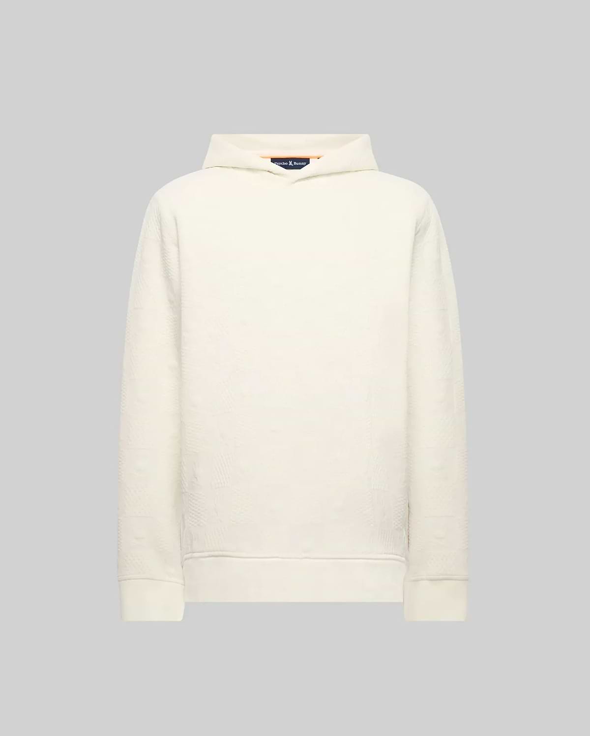 Mens Dustin Hoodie, a cream relaxed-fit hoodie in a textured knit fabric with a subtle embossed pattern throughout, featuring a hood and ribbed cuffs and hem.