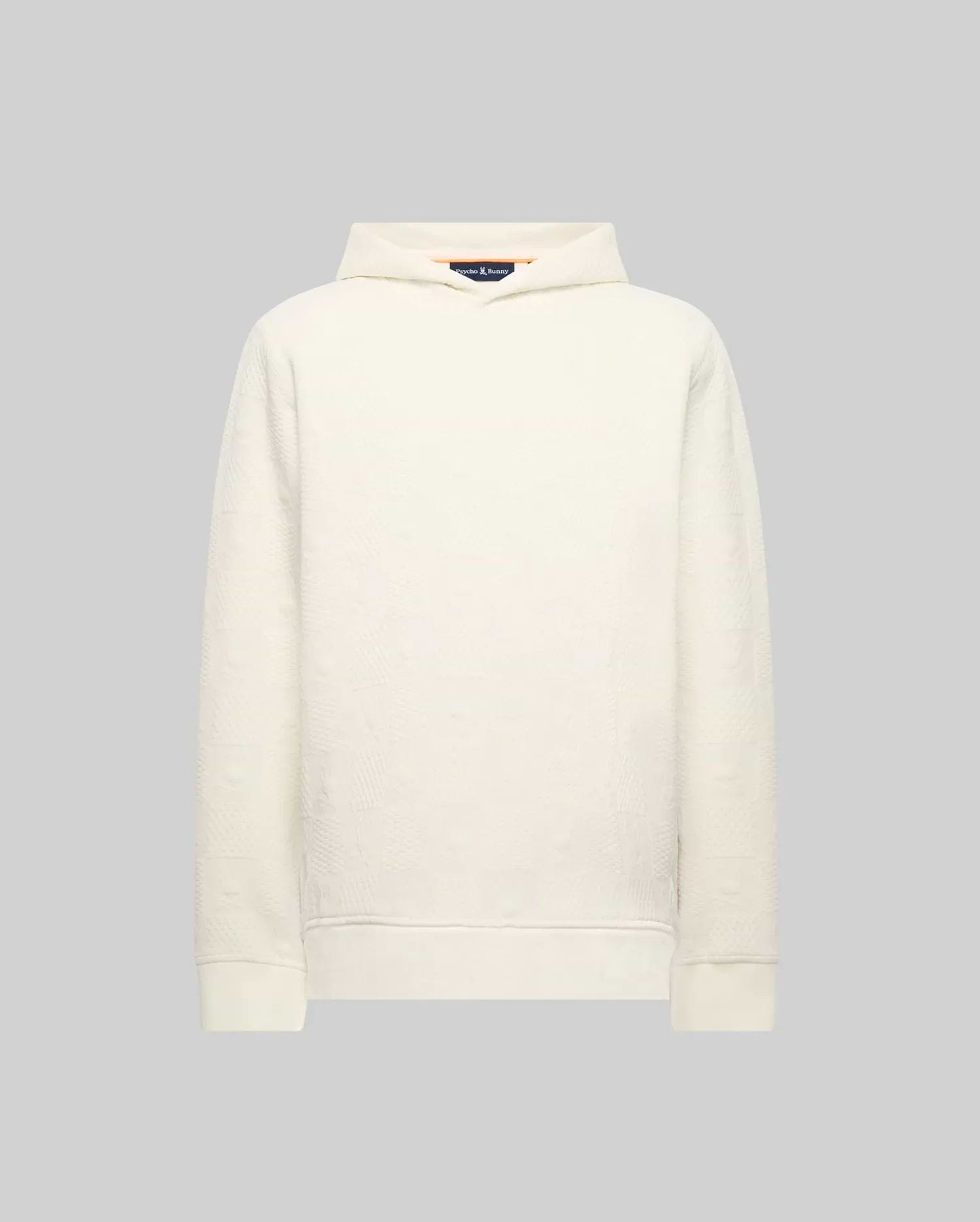 Mens Dustin Hoodie, a cream relaxed-fit hoodie in a textured knit fabric with a subtle embossed pattern throughout, featuring a hood and ribbed cuffs and hem.