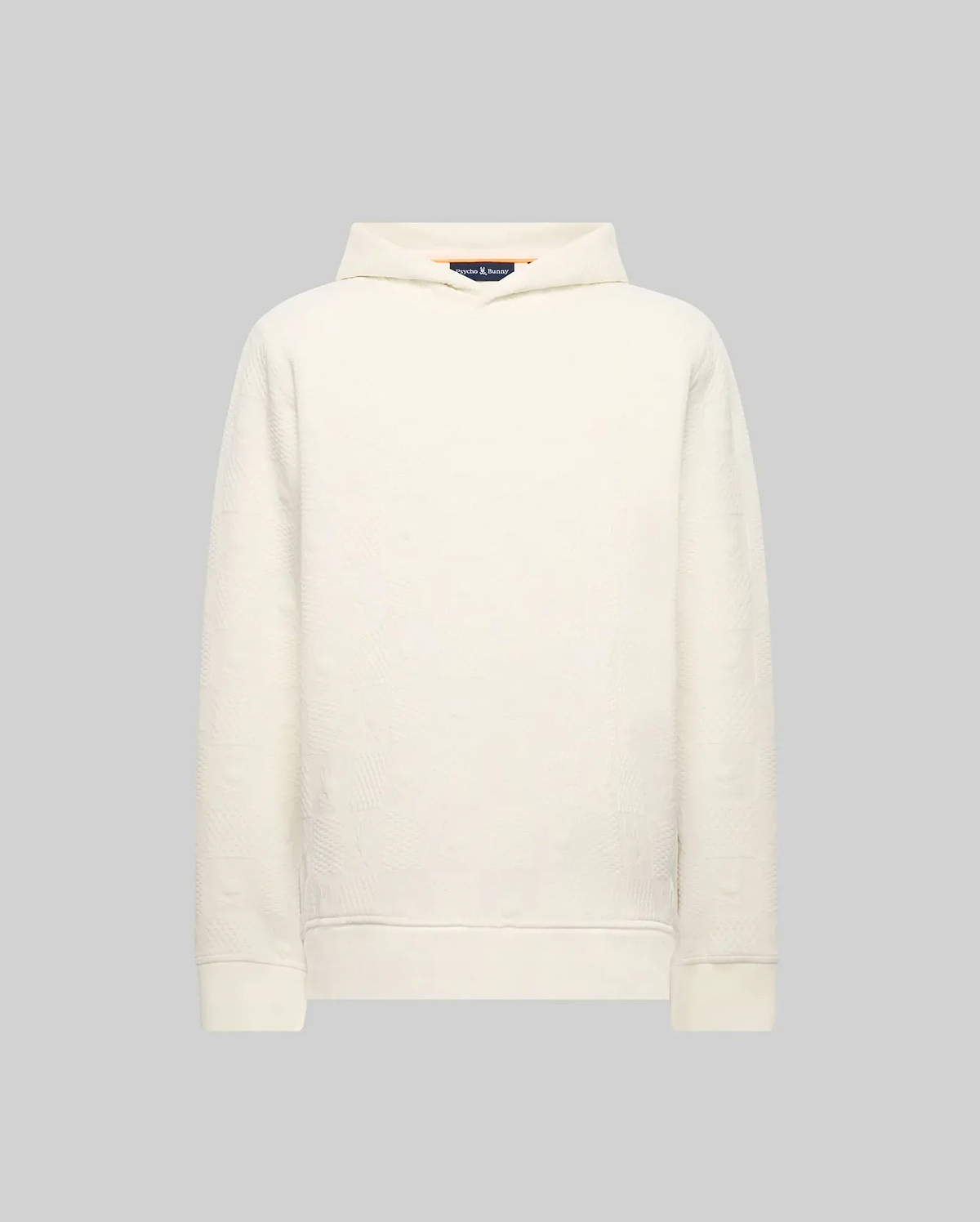 Mens Dustin Hoodie, a cream relaxed-fit hoodie in a textured knit fabric with a subtle embossed pattern throughout, featuring a hood and ribbed cuffs and hem.