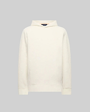 Mens Dustin Hoodie, a cream relaxed-fit hoodie in a textured knit fabric with a subtle embossed pattern throughout, featuring a hood and ribbed cuffs and hem.